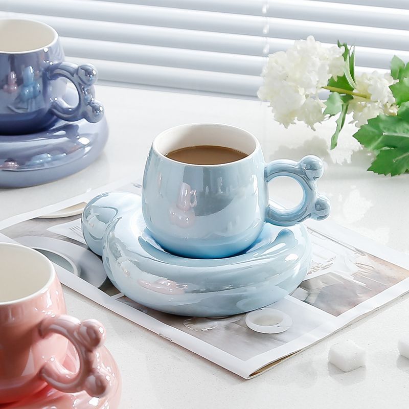 Adorable Pearl Glaze Ceramic Coffee Mug with Saucer