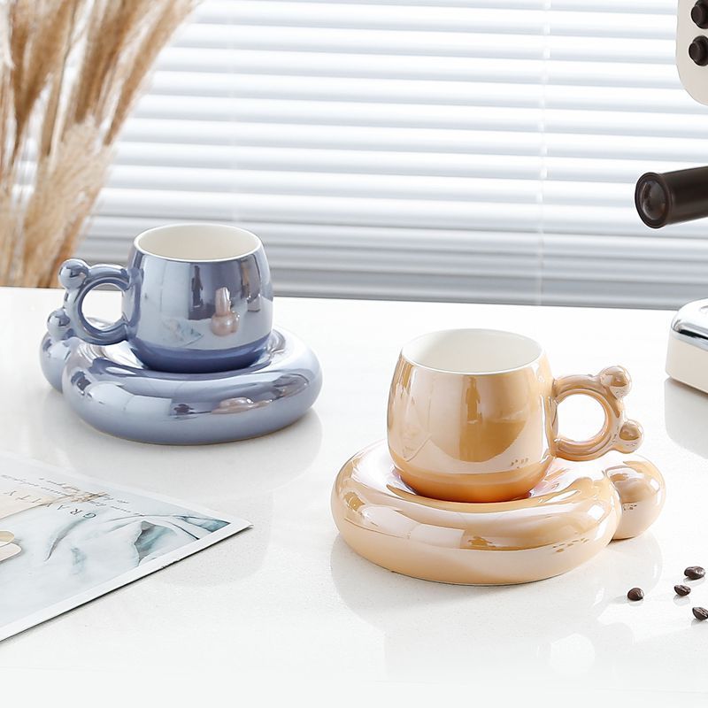 Adorable Pearl Glaze Ceramic Coffee Mug with Saucer
