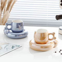 Adorable Pearl Glaze Ceramic Coffee Mug with Saucer