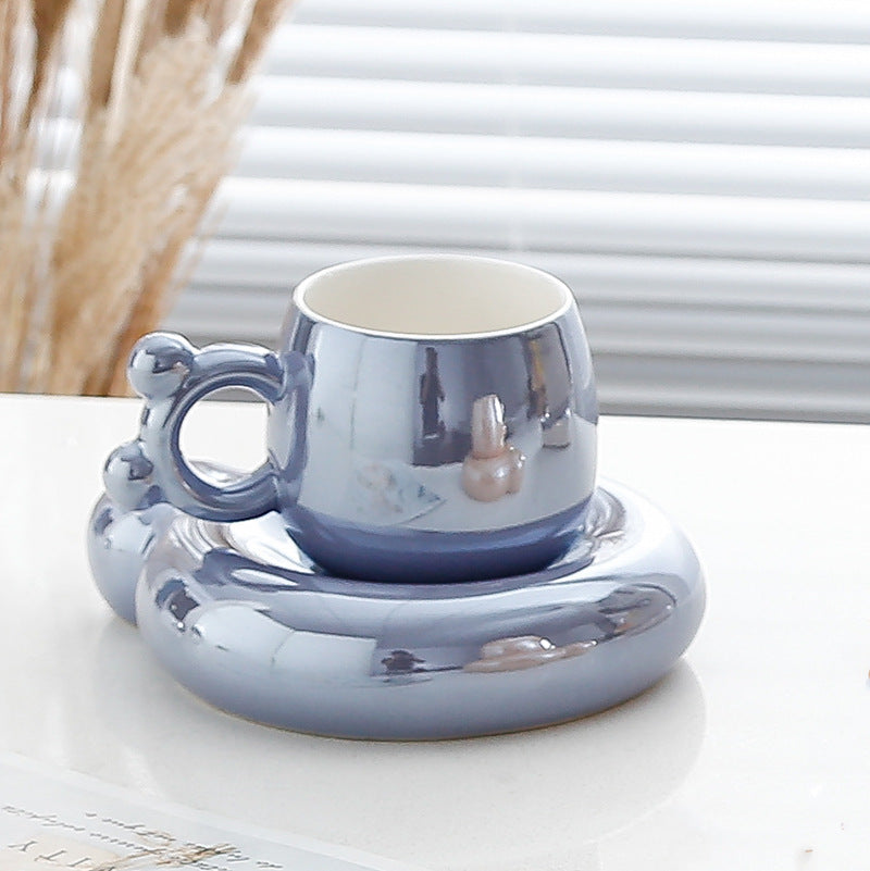Adorable Pearl Glaze Ceramic Coffee Mug with Saucer