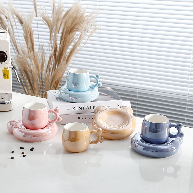 Adorable Pearl Glaze Ceramic Coffee Mug with Saucer