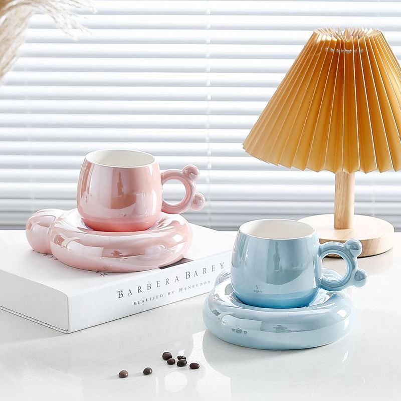 Adorable Pearl Glaze Ceramic Coffee Mug with Saucer