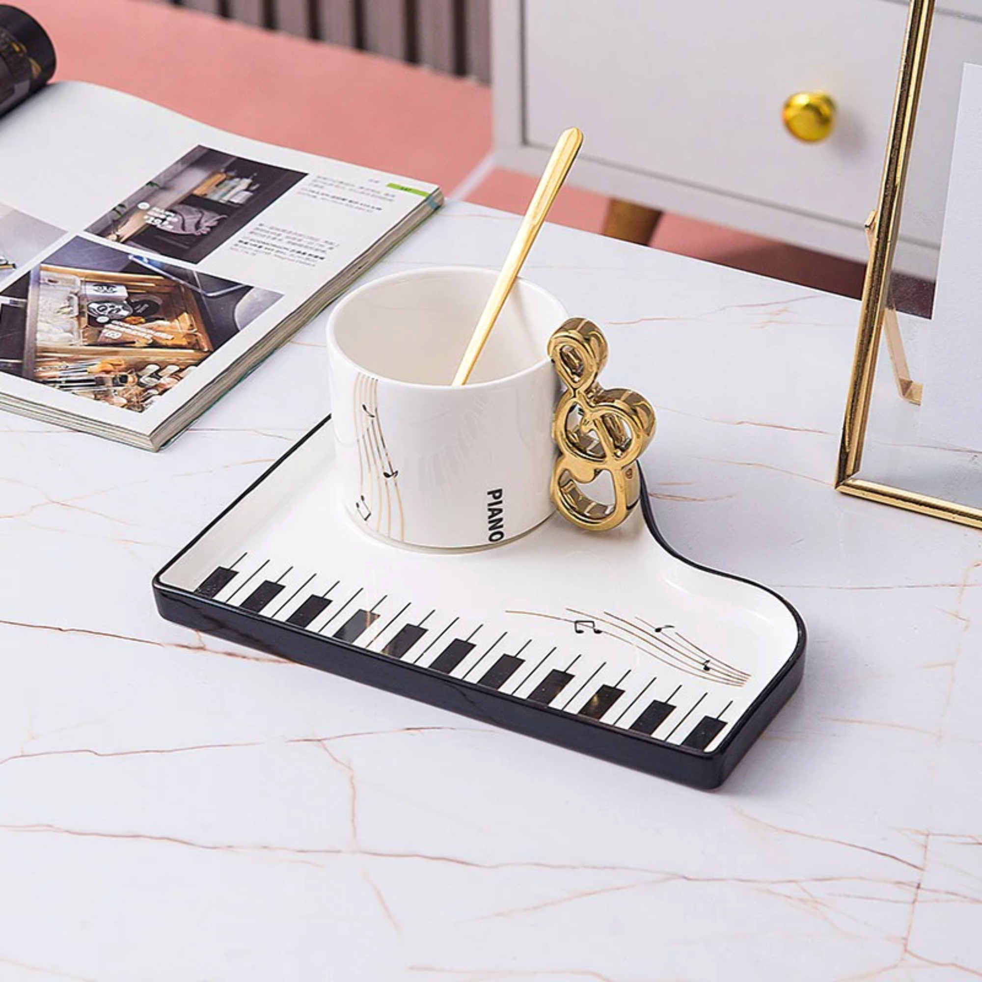Sip in Musical Style: Golden Accented Piano Cup & Saucer Set