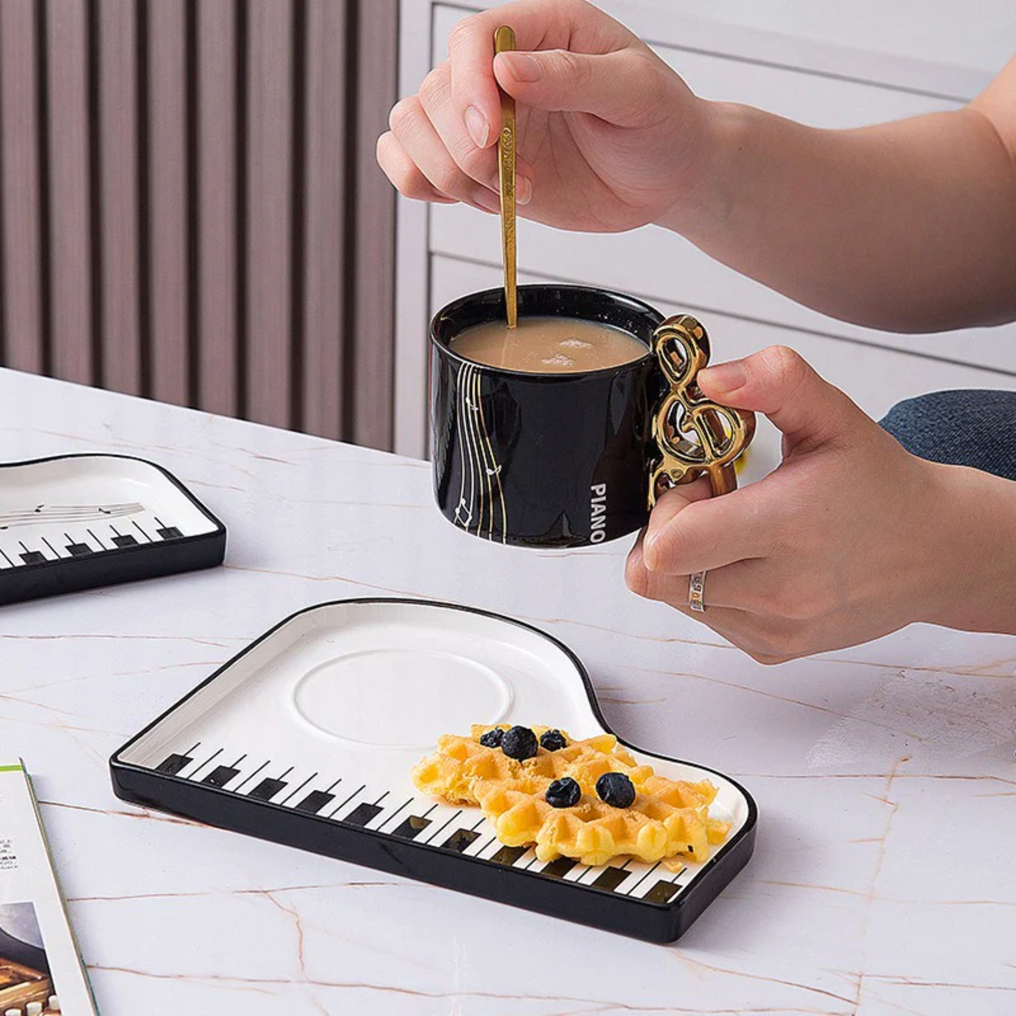Sip in Musical Style: Golden Accented Piano Cup & Saucer Set