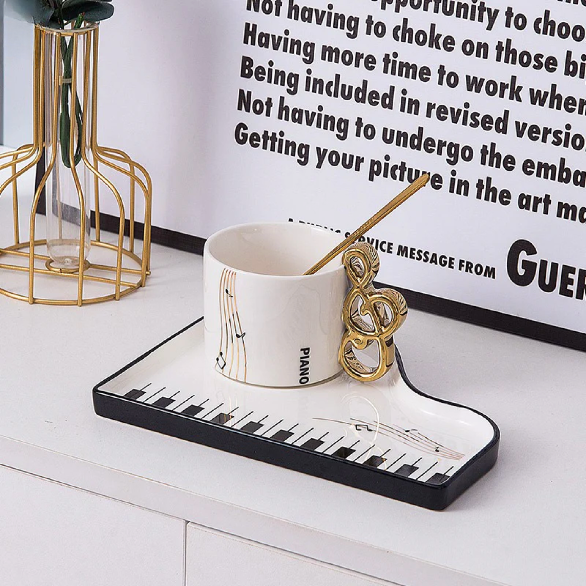 Sip in Musical Style: Golden Accented Piano Cup & Saucer Set
