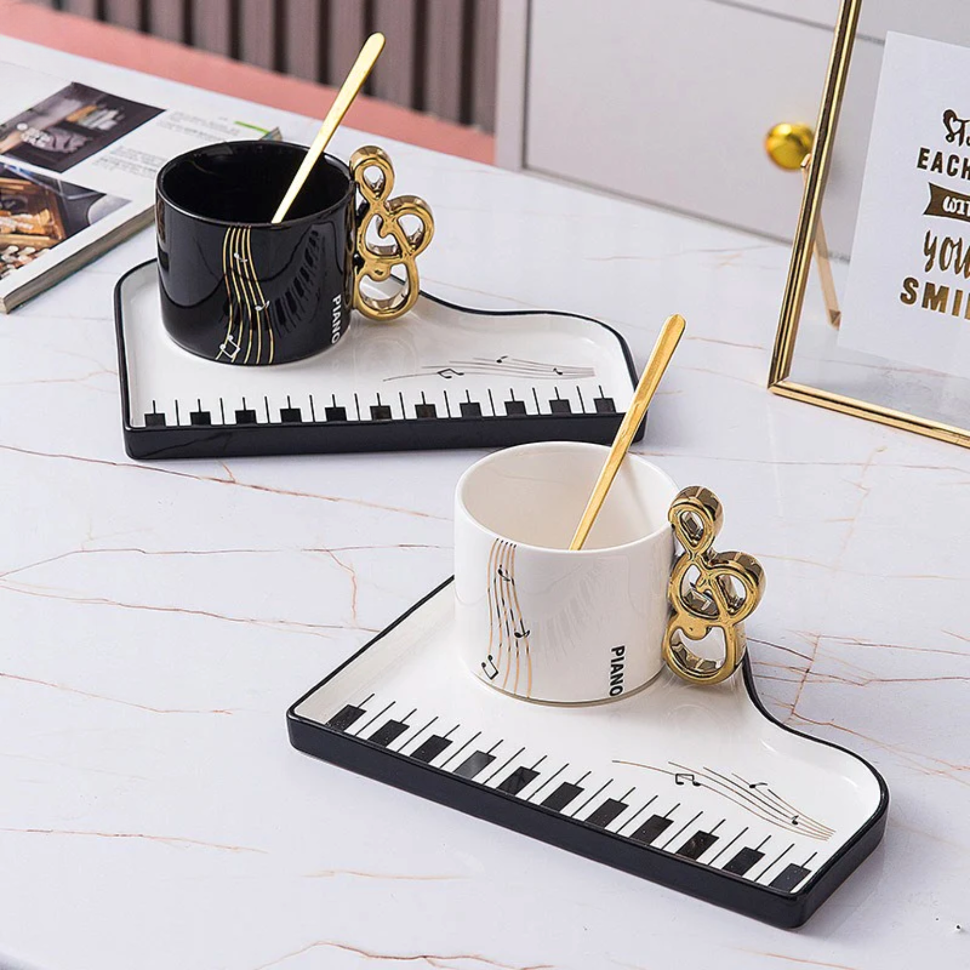 Sip in Musical Style: Golden Accented Piano Cup & Saucer Set
