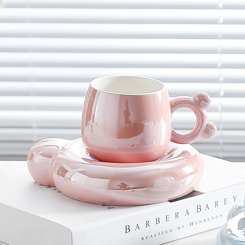 Adorable Pearl Glaze Ceramic Coffee Mug with Saucer